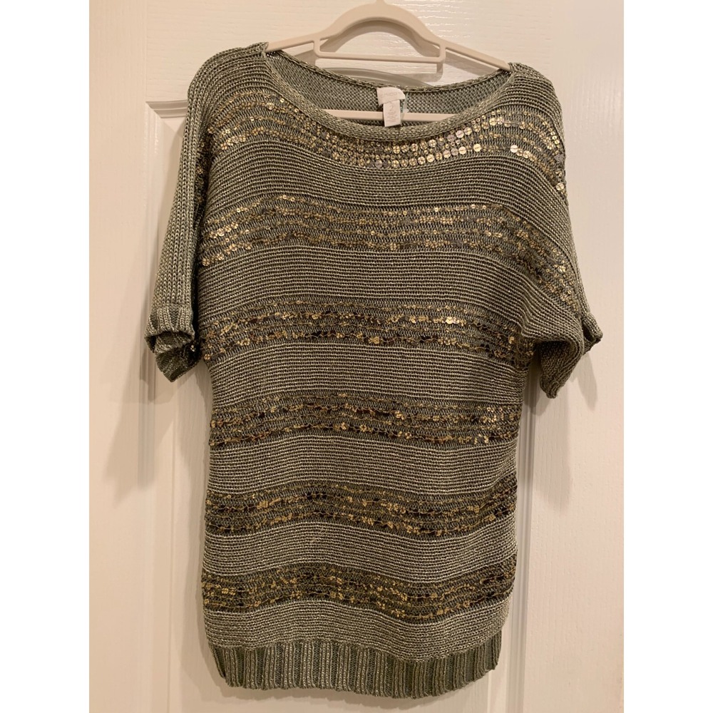 Vintage‎ Chicos Sequin Olive Green Metallic Knit Short Sleeve Sweater Sz 2